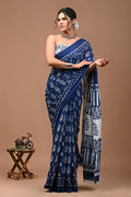 Indigo Blue & White Buti Print Screen Printed Mul Cotton Saree With Blouse Piece