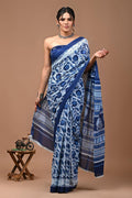 Indigo Blue & White Floral Motif Screen Printed Mul Cotton Saree With Blouse Piece