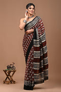 Maroon & Off-White Floral Buti Screen Printed Mul Cotton Saree With Blouse Piece