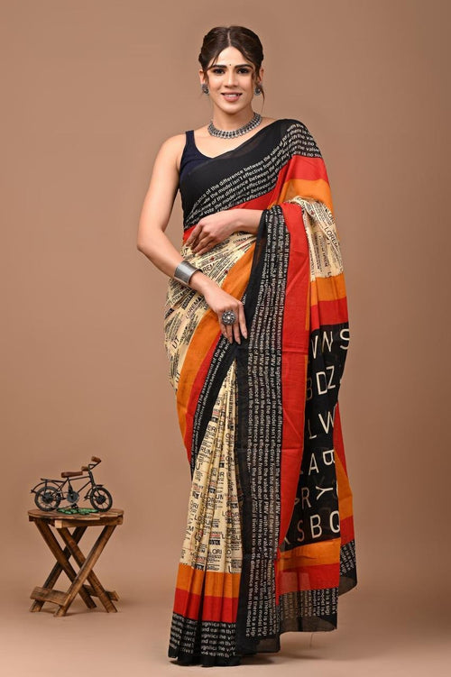 Black & Orange Newspaper Print Screen Printed Mul Cotton Saree With Blouse Piece