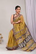 Mustard Yellow & Black Paisley Motifs Bagru Hand Block Printed Kota Doriya Silk Saree With Blouse Piece