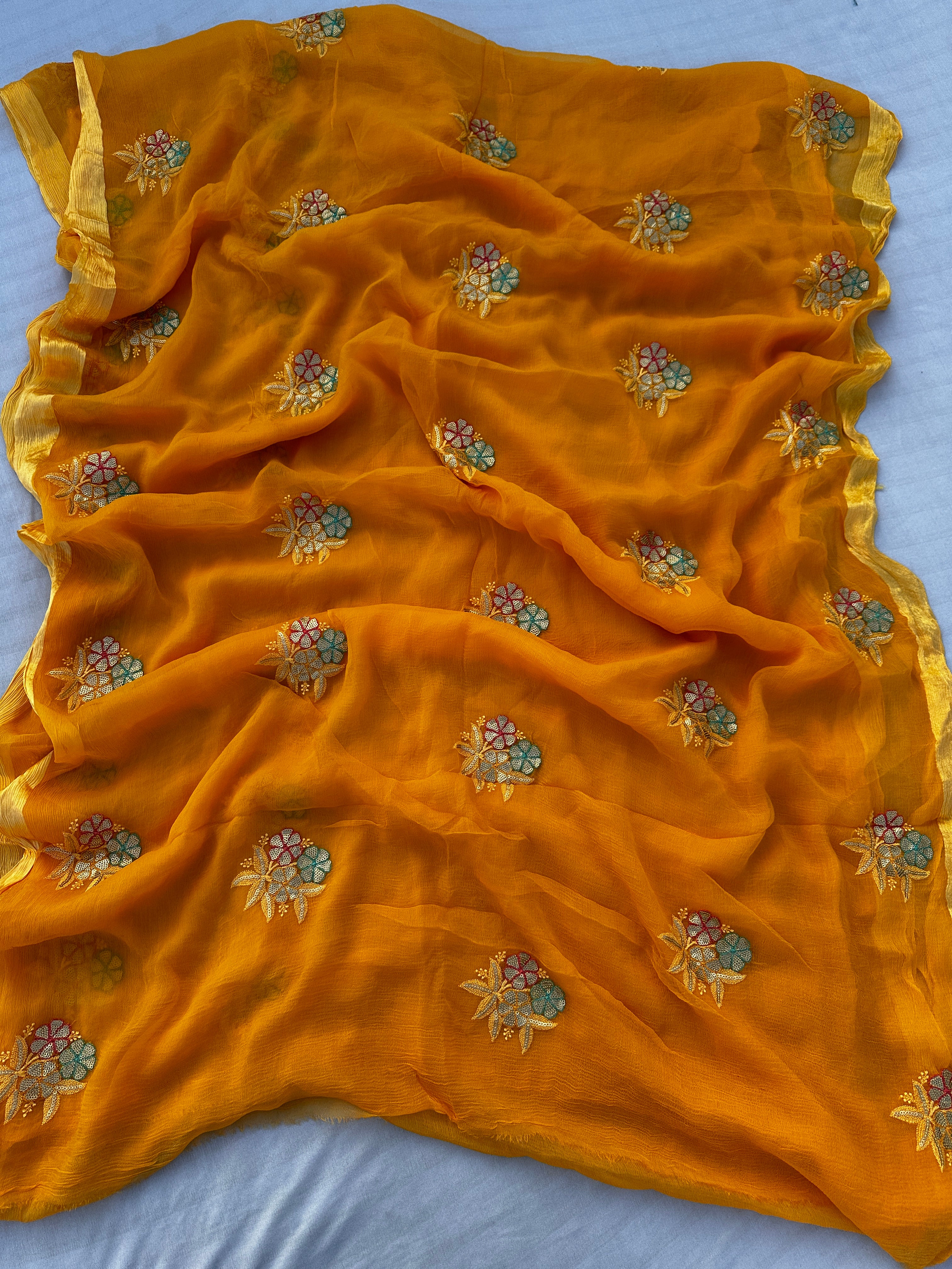 Pure Chiffon Hand Flower Embroidered Best Quality Saree With Blouse BFSJJ206