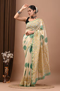 Cream & Green Polka Dot & Jaal Print Bagru Hand Block Printed Chanderi Silk Saree With Blouse Piece
