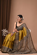 Mustard Yellow & Black Floral Buti Bagru Hand Block Printed Chanderi Silk Saree With Blouse Piece