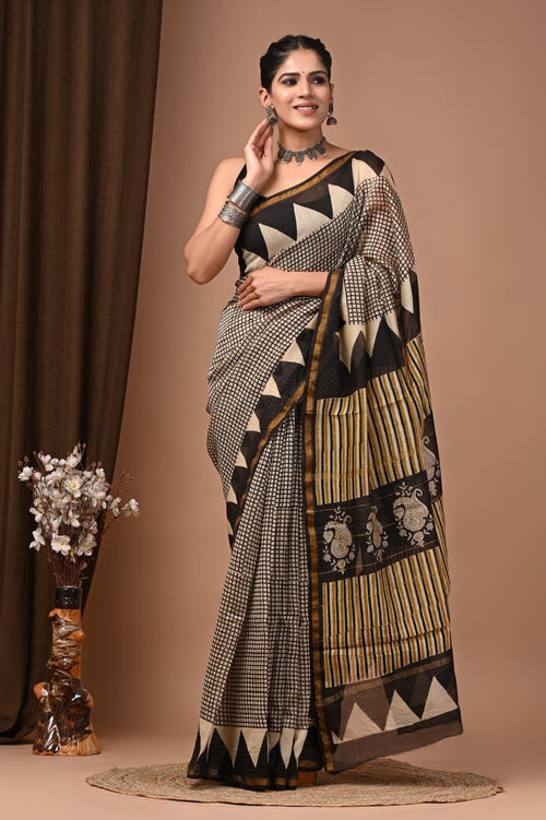 Black & Beige Checkered Paisley Bagru Hand Block Printed Chanderi Silk Saree With Blouse Piece