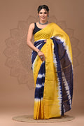 Mustard Yellow & Indigo Blue Tie-Dye Pattern Bagru Hand Block Printed Chanderi Silk Saree With Blouse Piece
