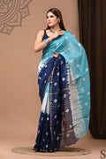 Indigo Blue & Turquoise Buti Print Bagru Hand Block Printed Chanderi Silk Saree With Blouse Piece