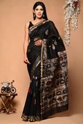Black & Silver Floral Buti Bagru Hand Block Printed Chanderi Silk Saree With Blouse Piece