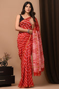 Red & White Leheriya Stripe Bagru Hand Block Printed Chanderi Silk Saree With Blouse Piece