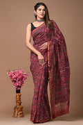 Maroon & Black Geometric Buti Print Bagru Hand Block Chanderi Silk Saree With Blouse Piece