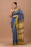 Indigo Blue & Mustard Yellow Buti Print Bagru Hand Block Printed Chanderi Silk Saree With Blouse Piece