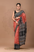 Red & Black Tree Motif Bagru Hand Block Printed Chanderi Silk Saree With Blouse Piece