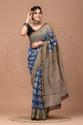 Indigo Blue & Beige Buti Print Bagru Hand Block Printed Chanderi Silk Saree With Blouse Piece