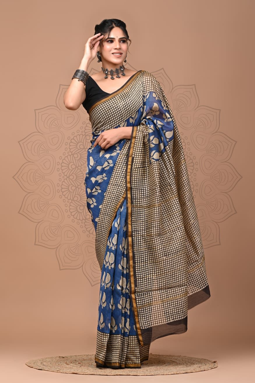bagru, bagru saree, Chanderi Silk Saree, hand block saree, saree