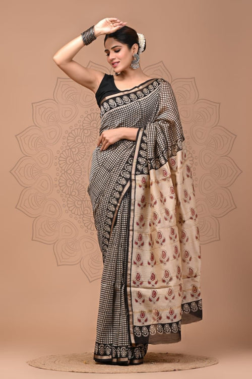 Black & Beige Paisley Motif Bagru Hand Block Printed Chanderi Silk Saree With Blouse Piece