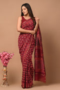 Maroon & Off-White Floral Buti Bagru Hand Block Printed Chanderi Silk Saree With Blouse Piece