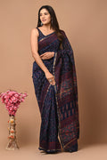 Navy Blue & Maroon Floral Buti Bagru Hand Block Printed Chanderi Silk Saree With Blouse Piece