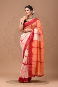 Maroon & Peach Checkered Pattern Bagru Hand Block Printed Chanderi Silk Saree With Blouse Piece