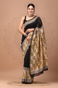 Black & Beige Peacock Motif Bagru Hand Block Printed Chanderi Silk Saree With Blouse Piece