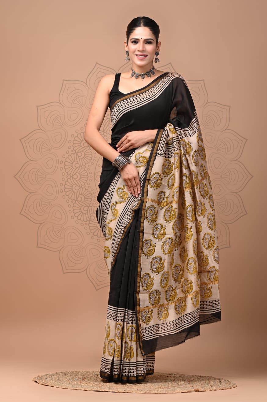 bagru, bagru saree, Chanderi Silk Saree, hand block saree, saree