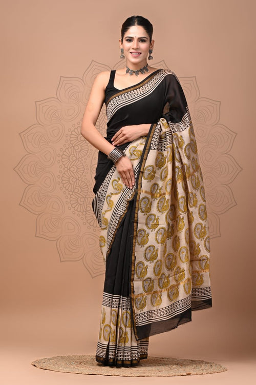 Black & Beige Peacock Motif Bagru Hand Block Printed Chanderi Silk Saree With Blouse Piece