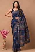 Navy Blue & Red Leaf Motif Bagru Hand Block Printed Chanderi Silk Saree With Blouse Piece