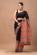 Black & Maroon Geometric Chevron Bagru Hand Block Printed Chanderi Silk Saree With Blouse Piece