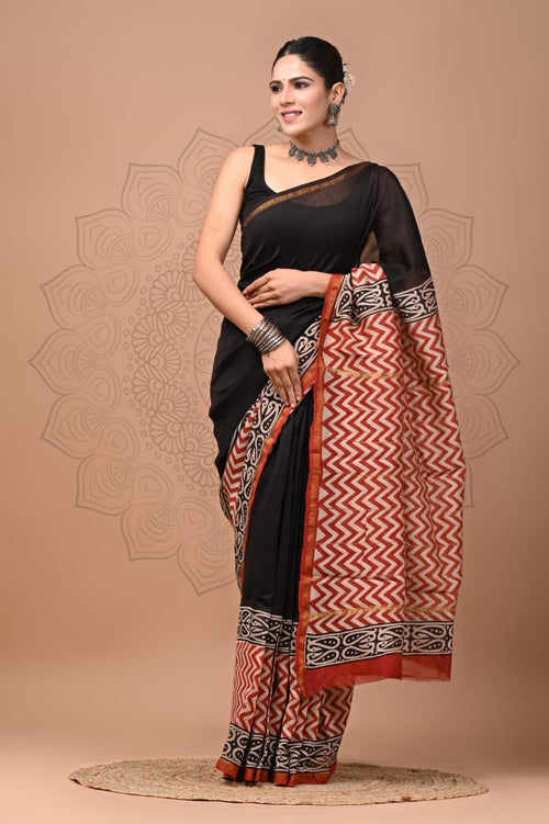 Black & Maroon Geometric Chevron Bagru Hand Block Printed Chanderi Silk Saree With Blouse Piece