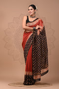 Maroon & Black Leaf Motif Bagru Hand Block Printed Chanderi Silk Saree With Blouse Piece