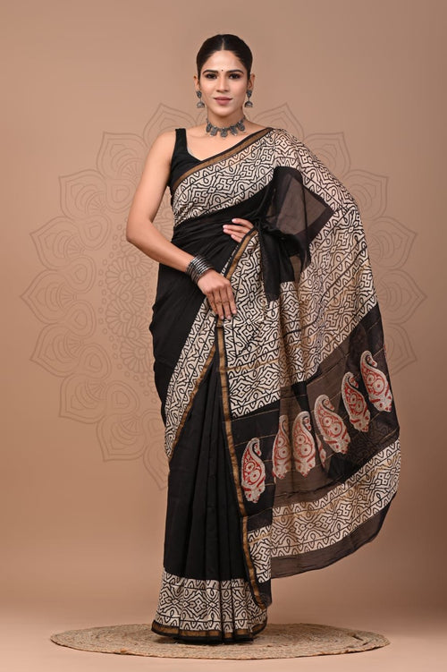 Black & Beige Paisley Motif Bagru Hand Block Printed Chanderi Silk Saree With Blouse Piece