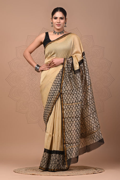 Beige & Black Buti Print Bagru Hand Block Printed Chanderi Silk Saree With Blouse Piece