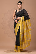 Black & Mustard Yellow Floral Motif Bagru Hand Block Printed Chanderi Silk Saree With Blouse Piece