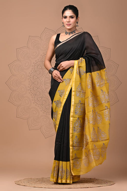 Black & Mustard Yellow Floral Motif Bagru Hand Block Printed Chanderi Silk Saree With Blouse Piece