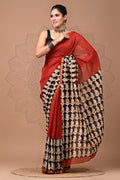 Maroon & Black Paisley Motif Bagru Hand Block Printed Chanderi Silk Saree With Blouse Piece