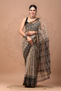 Black & Beige Leaf Motif Bagru Hand Block Printed Chanderi Silk Saree With Blouse Piece