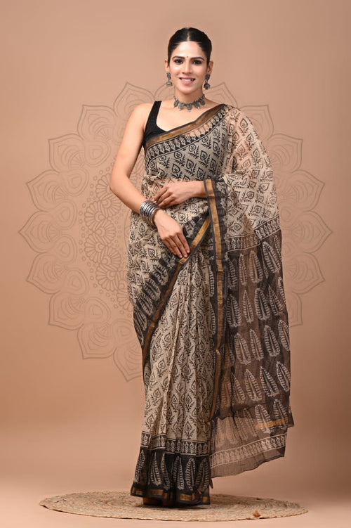 Black & Beige Leaf Motif Bagru Hand Block Printed Chanderi Silk Saree With Blouse Piece
