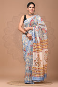Sky Blue & Off-White Floral Motif Bagru Hand Block Printed Chanderi Silk Saree With Blouse Piece