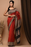 Maroon & Black Geometric Paisley Bagru Hand Block Printed Chanderi Silk Saree With Blouse Piece