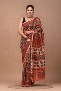 Rust & Charcoal Leaf Motif Bagru Hand Block Printed Chanderi Silk Saree With Blouse Piece