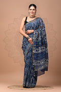 Indigo Blue & White Geometric Motif Bagru Hand Block Printed Chanderi Silk Saree With Blouse Piece