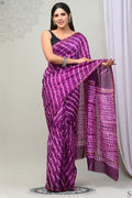 Purple & White Leheriya Stripe Bagru Hand Block Printed Chanderi Silk Saree With Blouse Piece