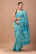 Turquoise & White Floral Buti Bagru Hand Block Printed Chanderi Silk Saree With Blouse Piece