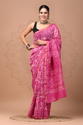 Pink & White Geometric Motif Bagru Hand Block Printed Chanderi Silk Saree With Blouse Piece