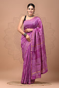 Purple & Off-White Leaf Motif Bagru Hand Block Printed Chanderi Silk Saree With Blouse Piece