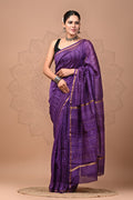 Purple & Gold Leaf Motif Block Printed Chanderi Silk Saree With Blouse Piece