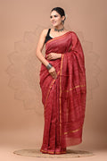 Maroon & Off-White Leaf Motif Block Printed Chanderi Silk Saree With Blouse Piece