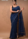 Navy Blue & White Geometric Check Bagru Hand Block Printed Chanderi Silk Saree With Blouse Piece