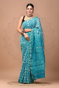Teal Blue & White Buti Print Bagru Hand Block Printed Chanderi Silk Saree With Blouse Piece