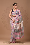 Pink & Off-White Floral Motifs Bagru Hand Block Printed Chanderi Silk Saree With Blouse Piece