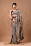 Brown & Off-White Striped Motif Block Printed Chanderi Silk Saree With Blouse Piece